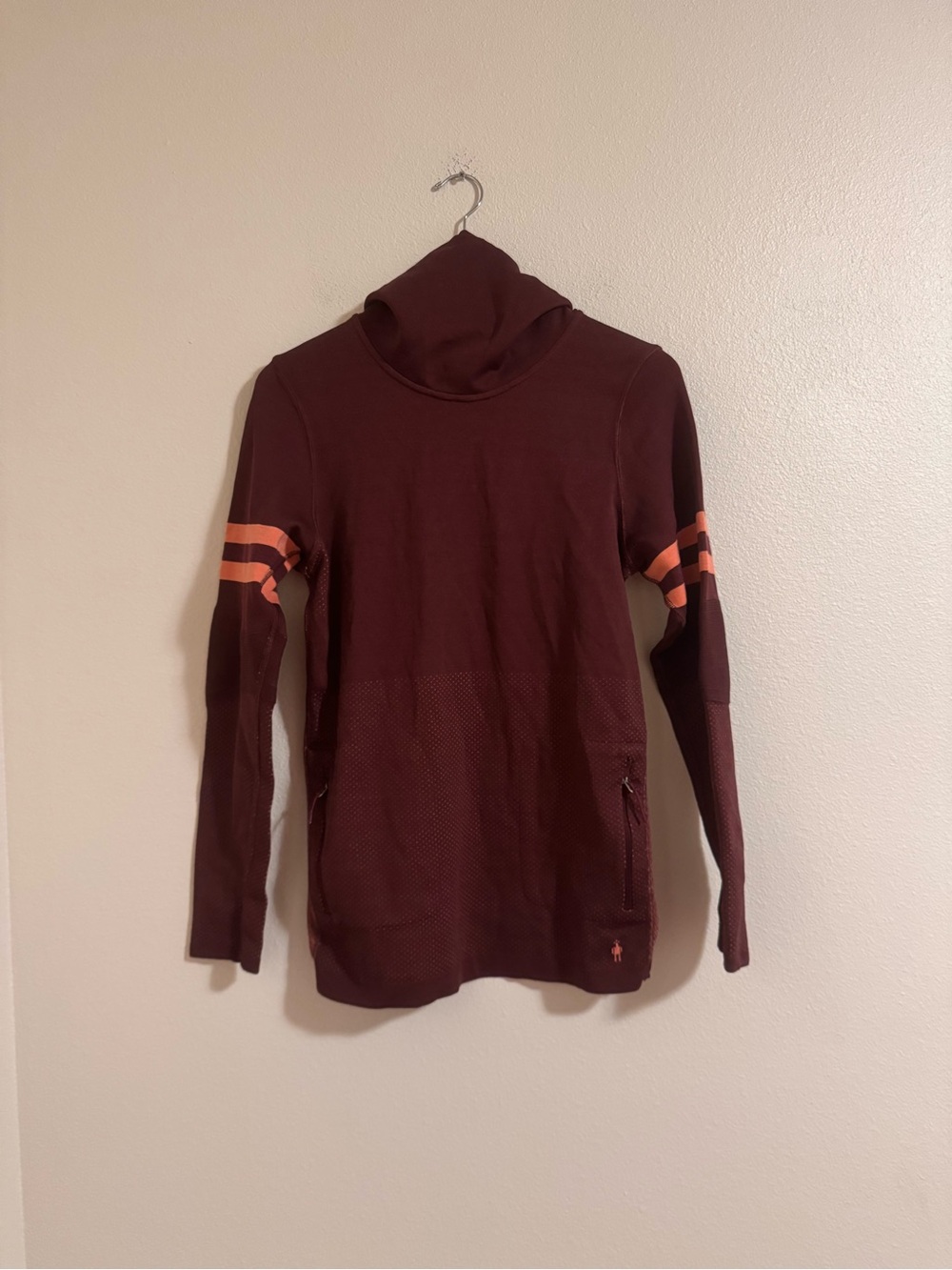Smartwool Maroon Turtleneck Sweater with Orange Sleeve Stripes